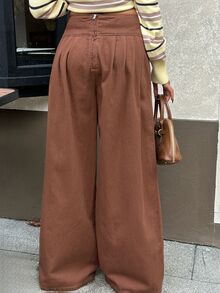 Rivivi Petite Women's Street Fashion Lace-Up Ruched Loose Denim Long Pants - Brown - View 2
