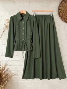 Rusticease Women's Casual Solid Color Waist Tie Shirt And Long Skirt 2 Pieces Set - Green - View 3