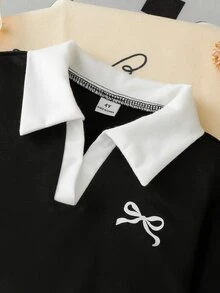 SHEIN Elladie kids 少女學院風黑色蝴蝶結印花對比色POLO領上衣＋寬腿褲休閒兩件套穿搭 - 黑色 - 查看 11