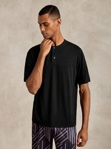 EverLounge Men's Casual Button Design Short Sleeve Loungewear Top - Black - View 4