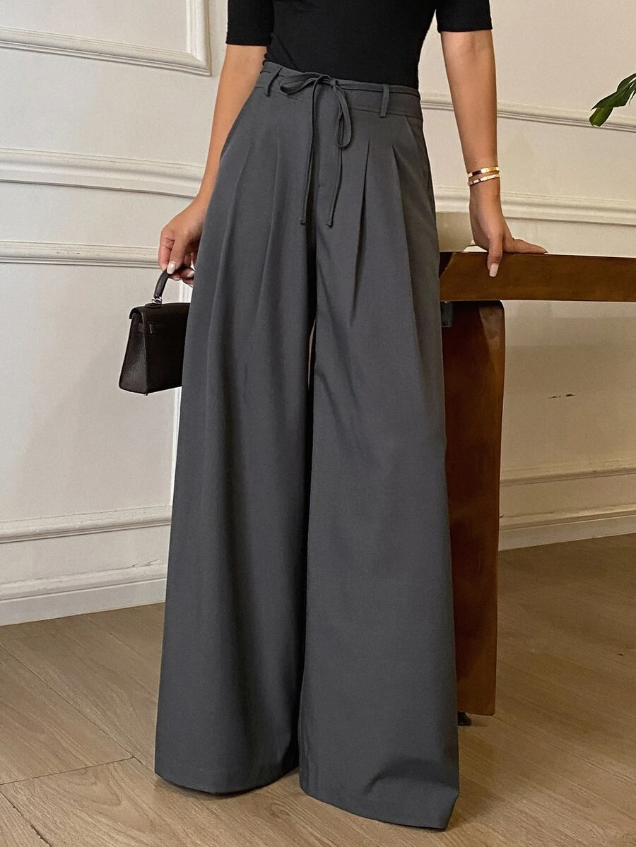 DAZY Grey High Waist Tie Pleated Loose Wide Leg Casual Versatile Commute Long Pants For Women Daily Wear - Grey - View 1