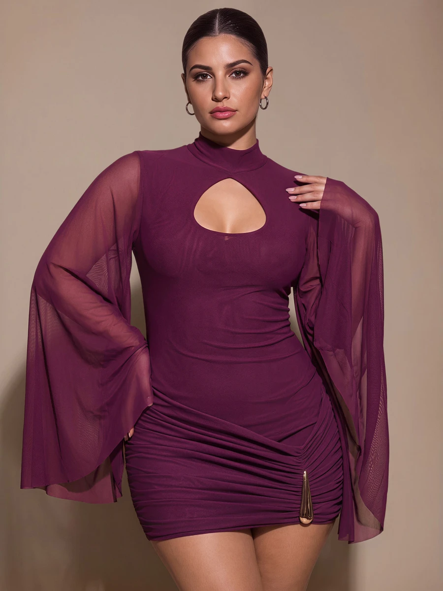 SHEIN BAE CURVE Plus Size Purple Burgundy Water Drop Neck Long Sleeve Fitted Bodycon Sexy Mini Dress, Suitable For Cocktail Party, Romantic Date, Party, Formal - Purple - View 1