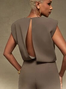 Vixey Tailored Wide Leg Jumpsuit With Padded Shoulders, Office Work Wear, Business, Daily - Khaki - View 2