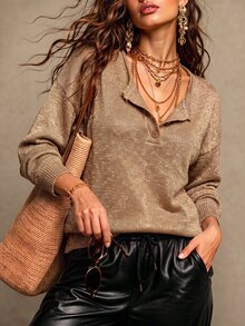 LUMIGAL Women's Casual Fashion Button Half-Placket Long Sleeve Sweater For Commuting Brunch Khaki Autumn - 金色 - 查看 4