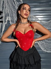 Fantasy Costume Fantasy Costume 1pc Red Wire-Free Rhinestone Embellished Shaping Top For Women - Red - View 5