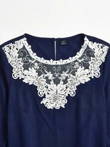Medorina Women's French Fashion Lace Patchwork Long Sleeve Dress - Navy Blue - View 5
