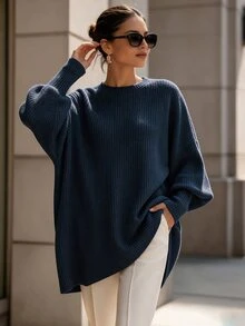 SHEIN Holidaya 法式設計靈感仿毛衣針織羅紋不對稱通勤內搭百搭外套優雅時尚休閒女款T恤 - 藏蓝色 - 查看 3
