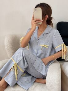 Napfluff 條紋印花休閒居家服撞色翻領短袖女款睡衣長褲套裝 - 灰色 - 查看 3