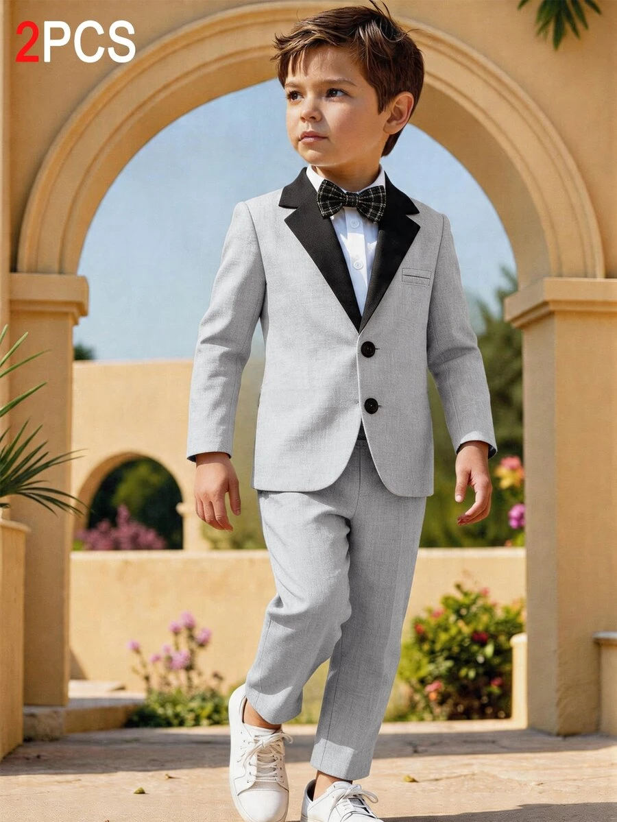 SHEIN Kids 2pcs Young Boy Casual Color-Blocked Collar Suit Jacket + Trousers Two Pieces Set, Gentleman's Suit, - Grey - View 1