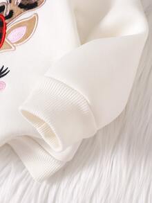 SHEIN Baby Girl Baby Girl Casual Christmas 3D Embroidered Reindeer Pattern Crew Neck Pullover Long Sleeve Sweatshirt - Apricot - View 5