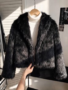 SHEIN 青少年女孩秋冬休閒法式優雅黑色人造毛領夾克外套，適合學校、派對、日常穿著 - 黑色 - 查看 3