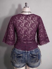 SHEIN ICON 大尺碼 Y2K 性感 V 領蕾絲拼接喇叭袖上衣 - 紫色 - 查看 9