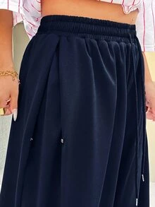 SHEIN EZwear 海軍藍大尺碼春夏百搭抽繩運動長褲 - 藏蓝色 - 查看 11