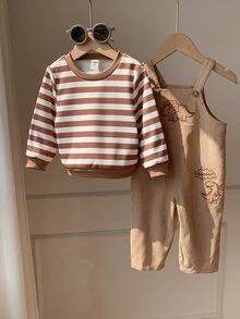 SHEIN 2件組男嬰秋冬條紋針織柔軟圓領短袖套頭上衣與恐龍刺繡吊帶短褲套裝 - 彩色 - 查看 3