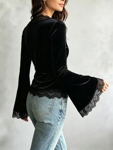 Glimmora Women's Solid Color Contrast Lace V-Neck Pleated Flare Sleeve Elegant Blouse - Black - View 2