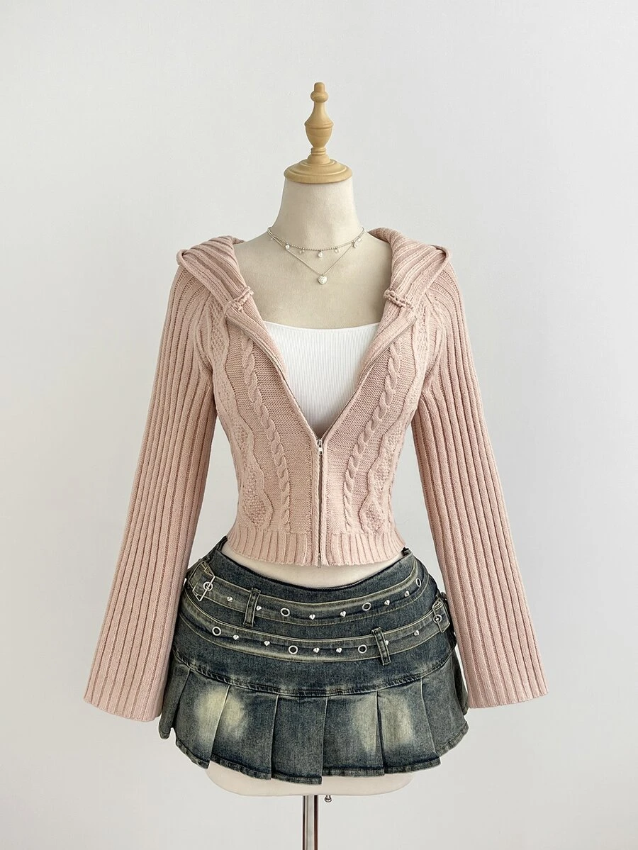 Elamini Simple Women's Autumn/Winter Pink Hooded Long Sleeve Cable Knit Fitted Cardigan Sweater - Pink - View 1