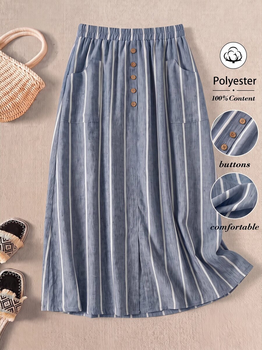 Rusticease Casual Retro Striped Waist Button Design Spring/Summer Women's Skirt - Blue - View 1