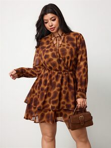 Enliva Plus Size Women's Printed Mini Dress V Neck Long Sleeve Ruffle Hem Flowy Dress Flattering Compatible With Apple Shape - Brown - View 4