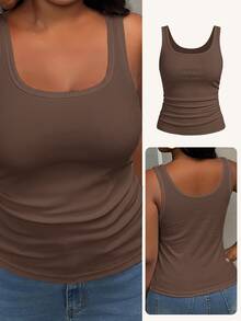 Slaydiva Plus Size Women Solid Color Square Neck Casual Versatile Tank Top - Rust Brown - View 6