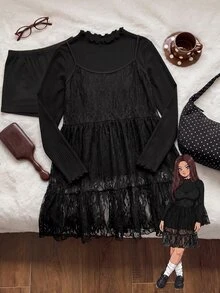 Comfortcana Plus Size Autumn/Winter Lace Camisole Dress & High Neck Cotton T-Shirt Black Set - Black - View 11