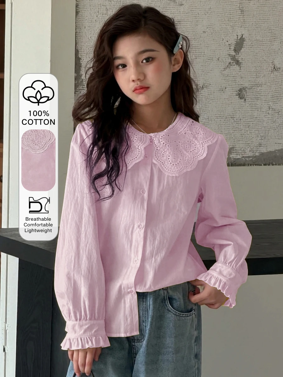 DAZY 青少年女孩秋季服飾蕾絲娃娃臉泡泡袖長袖甜美襯衫 - 粉色 - 查看 1