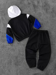 SHEIN Boys 2pcs Set, Autumn New Colorblock Patchwork Hooded Jacket, American Motorcycle Racing Style Versatile Top, Colorblock Cuffed Sweatpants, Long Sleeve Sports Two Pieces Outfit, Suitable For Autumn Outings - Blue - View 2