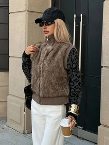 Livesso Brown High Neck Plush Patchwork Leopard Print Sleeve Zipper Slim Fit Casual Colorblock Faux Fur Jacket - Khaki - View 7