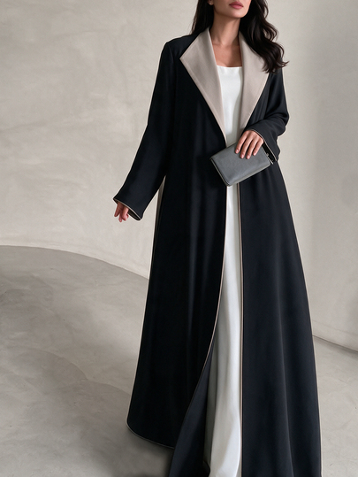 Yasmyna Women's Black Woven Contrast Color Lapel Long Sleeve Romantic Elegant Abaya