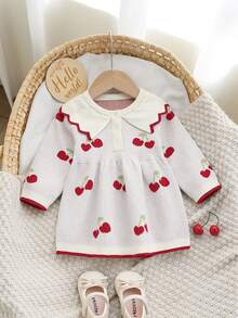 SHEIN Baby Girls' Sweater Dress, Cherry Pattern Big Lace‑Collared Versatile Knit Dress - Beige - View 1