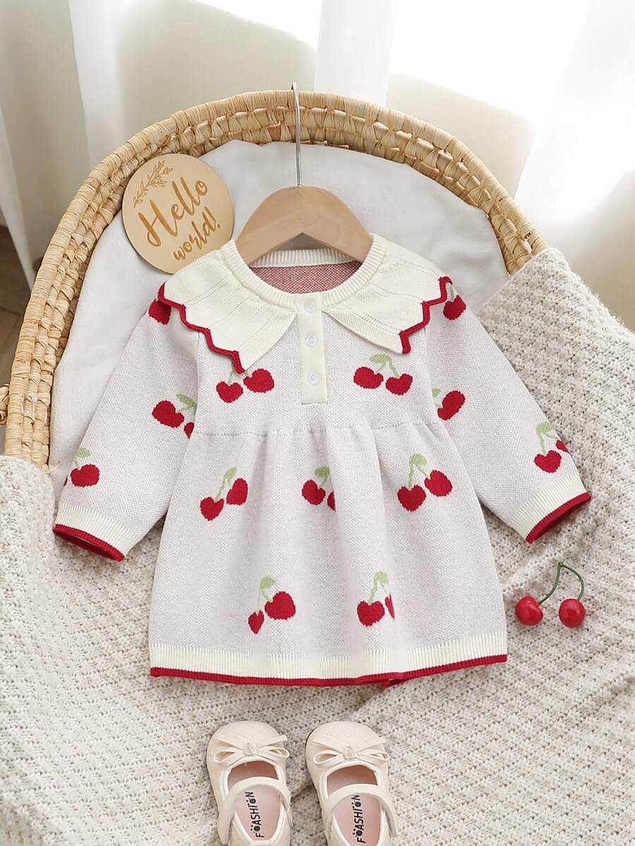 SHEIN Baby Girls' Sweater Dress, Cherry Pattern Big Lace‑Collared Versatile Knit Dress - Beige - View 1