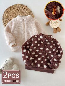 2pcs Baby Girls Pullover Sweaters Cute Sweet Brown Apricot Polka Dot Zip Ribbed Long Sleeve Mock Neck Thick Holiday Party Fall Winter Plush - Multicolor - View 1