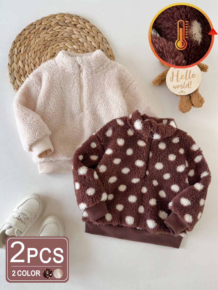 2pcs Baby Girls Pullover Sweaters Cute Sweet Brown Apricot Polka Dot Zip Ribbed Long Sleeve Mock Neck Thick Holiday Party Fall Winter Plush - Multicolor - View 1