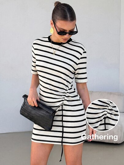 Lavishia Women's Elegant Early Autumn Casual Knit Black & White Striped Cinched Waist Ruched Short Dress, Black & White Striped Dress, Suitable For Casual Daily Wear, Knit Dress