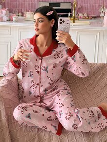 SweetSlumber طقم بيجامة نسائي وردي حلو بتصميم عيد الميلاد مع فيونكة الحلوى وندفة الثلج المنسوجة على الياقة - وردي - مشاهدة 3