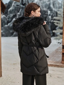 Anewsta Winter Black Hooded Detachable Fur Collar Decorated Belt Long Sleeve Padded Coat - Black - View 7