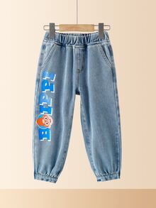 Blippi X SHEIN Young Boy Letter Print Pocket Pleated Leg Elastic Waist Denim Jeans - Medium Wash - View 1