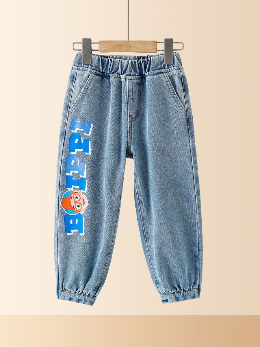 Blippi X SHEIN Young Boy Letter Print Pocket Pleated Leg Elastic Waist Denim Jeans - Medium Wash - View 1