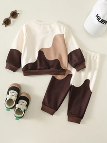 SHEIN 2件組嬰兒男童/女童秋冬針織軟綿拼接色圓領長袖套頭衛衣＋鬆緊腰長褲套裝，街頭風戶外休閒穿搭 - 彩色 - 查看 2