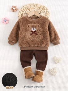 Cozy Pixies 女嬰休閒日常毛絨愛心印花上衣與內搭褲套裝 - 棕色 - 查看 6