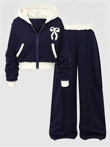 SHEIN 冬季服飾套裝，適合前青春期女孩，秋季服飾，聖誕服飾，學生校園風，白色海軍藍運動可愛款 - 彩色 - 查看 3