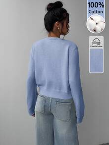 SHEIN BASICS 女款圓領長袖單排扣純色針織開襟衫 - 藍色 - 查看 2