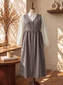 Rusticease Plus Size Women's Patchwork Plaid Button Design 2 In 1 Preppy Style Dress Fall - Multicolor - View 3