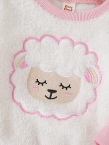 Cozy Pixies Cozy Baby Girl Knit Solid Color Cute Cartoon Embroidered Pattern Round Neck Top & Long Pants Loungewear 2pcs Set Suitable For Autumn/Winter - Pink - View 5