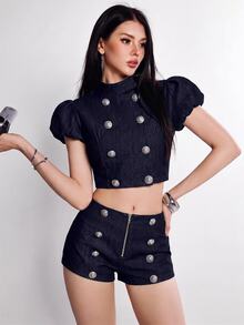 Rina Fox 女款立領雙排扣短款花瓣袖短夾克與拉鍊前開短褲兩件套 - 藏蓝色 - 查看 1
