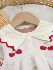 SHEIN Baby Girls' Sweater Dress, Cherry Pattern Big Lace‑Collared Versatile Knit Dress - Beige - View 4