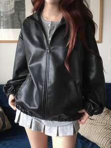 DAZY Solid Color Loose Long Sleeve Hem Cuffed Zipper PU Leather Jacket Casual Streetwear Daily Autumn Winter Women's Leather Jacket - Black - View 2