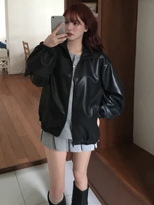 DAZY Solid Color Loose Long Sleeve Hem Cuffed Zipper PU Leather Jacket Casual Streetwear Daily Autumn Winter Women's Leather Jacket - Black - View 5