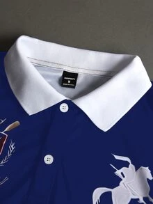 STYNVO 男士字母印花長袖 Polo 衫，休閒時尚創意個性街頭風 - 寶藍色 - 查看 3