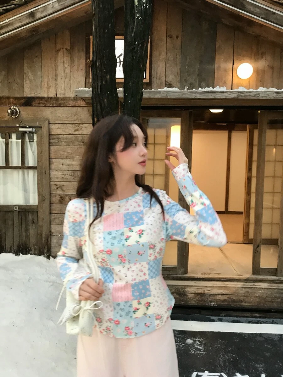 DAZY Women's Round Neck Floral Casual Long Sleeve Spring Summer Korean Style T-Shirt Graphic Tees - Multicolor - View 1