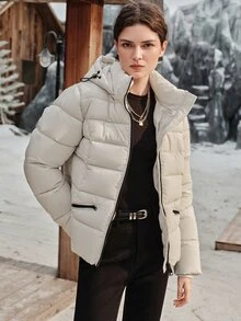 Anewsta Winter Solid Color Detachable Hood Contrast Zipper Padded Coat - Apricot - View 3
